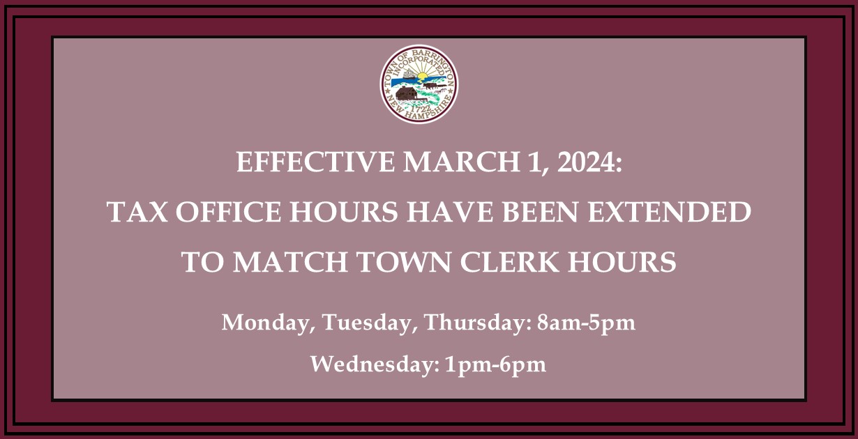 burgundy border, town seal, tax office hours update to match town clerk mwth: 8a-5p, weds 1p-6p.