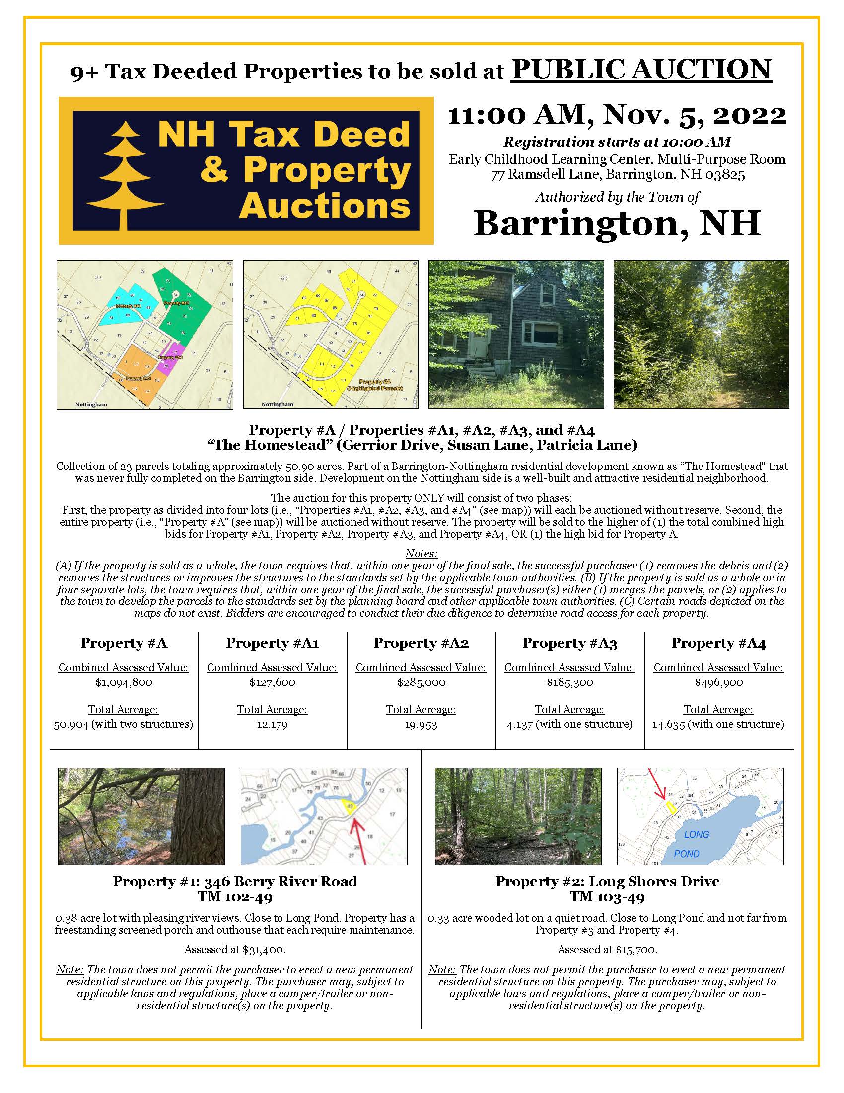 Barrington Land Sale Flyer, information available at nh Tax Deed &amp; Property Auction website