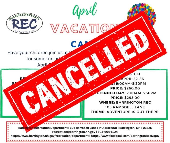 April Vacation Camp Canceled