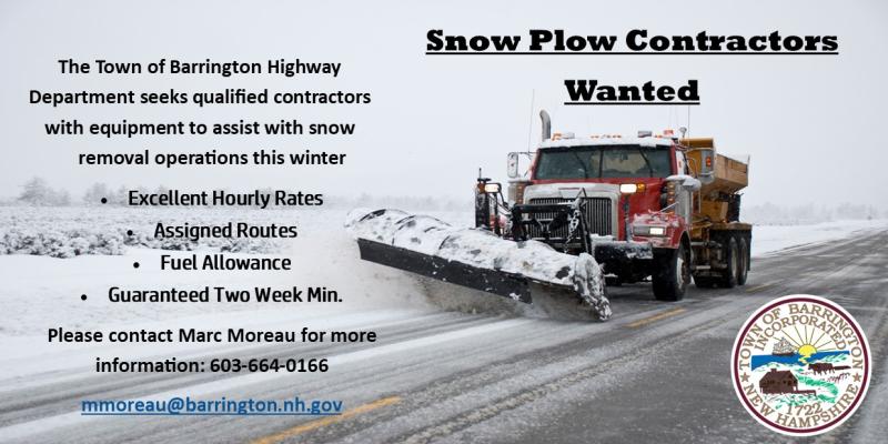 Snow Plow Contractors Wanted contact Marc Moreau for info, image of plow clearing snowy road