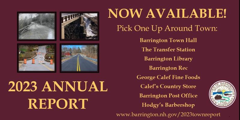 2023 Annual Report available - seal, greenhill bridge photos burgundy background, available at town offices and businesses