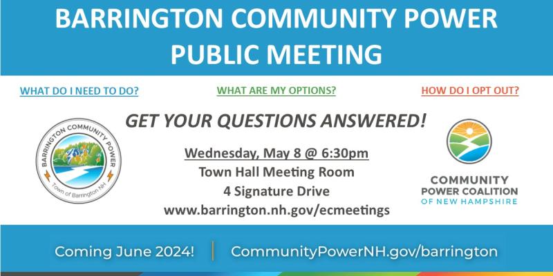 community power logos, white & blue background; meeting may 8 at 6:30pm in Town Hall Meeting Room