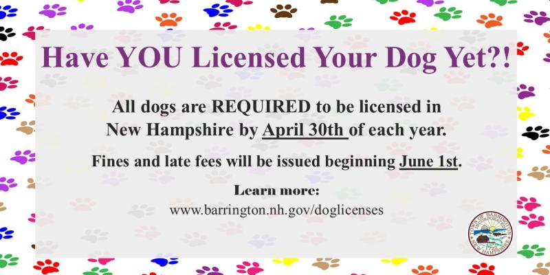 multicolored pawprints in background, town seal bottom right - dogs required to be registered by 4/30, fines issued 6/1