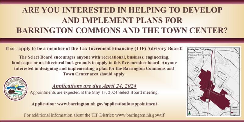 tif map, town seal, advertisement to apply for TIF district advisory board, apps due 4/24, burgundy gradient borders & tan bkgd