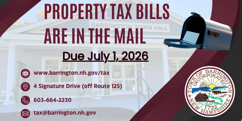 town hall background, seal, mailbox, tax bills in the mail www.barrington.nh.gov/tax